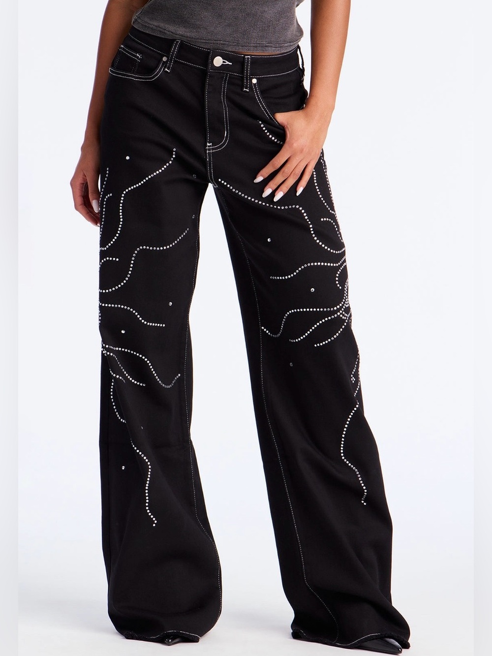Stud-Embellished Black Wide-Leg Jeans - Women
